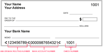 Example of a check highlighting the routing and account numbers.